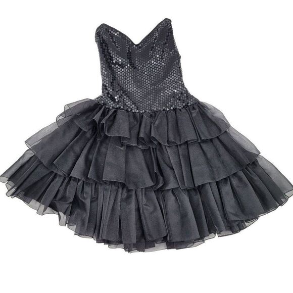 Vintage 80's Tadashi Dress Strapless Sequin Ruffle Mini Black XS Fairy Grunge - Picture 1 of 13